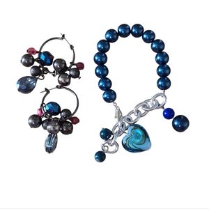 Chunky Bracelet Earrings Set Silvertone Acrylic and Glass Beads Blue Purple Boho